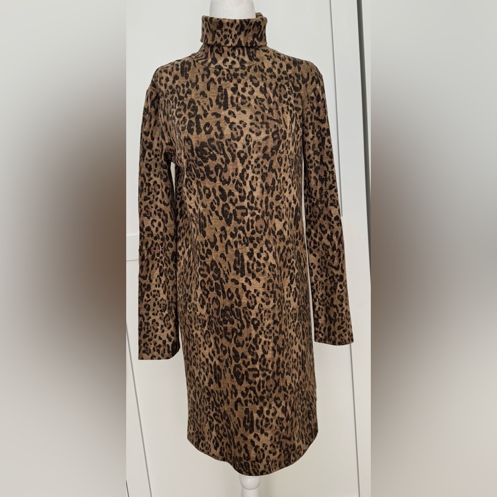 Zara Brown Leopard Print Long Sleeve Turtleneck Dress Sz Small EUC
